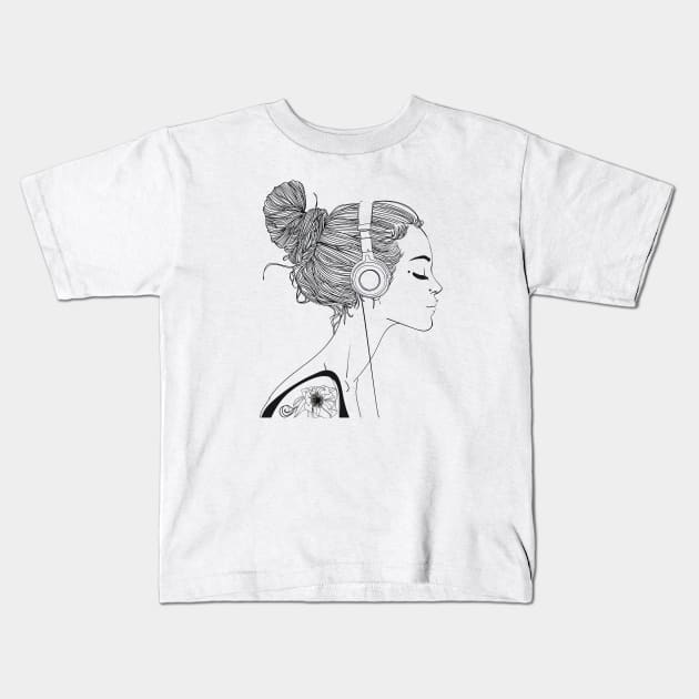 Girl with headphones, Music Lover, Tattoo Girl Kids T-Shirt by EquilibriumArt